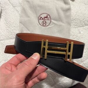 Hermes Men's Black/brown Leather Belt with Gold Buckle